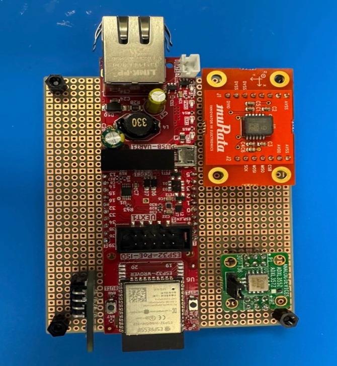Prototype sensor node assembled on a perfboard with an ESP32 and MEMS sensor modules